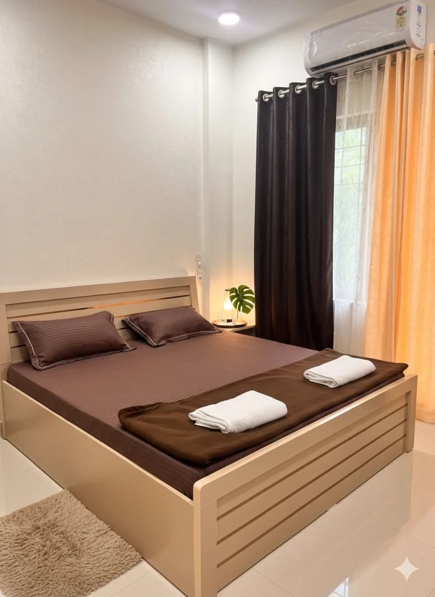 Deluxe room with warm lighting and soft rug